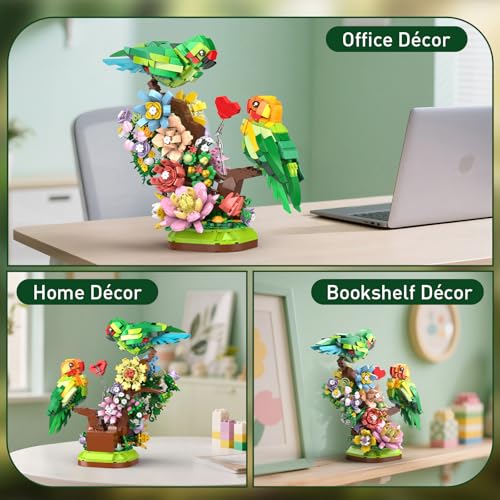 Vziimo Flowers & Love Bird Building Set, Flower Animals Parrot Botanicals Decor Model Kit with LED, Creator Animal Toys Gifts Ideas for Adults and Teens Age 14+ (1050 PCS) - style: Love Birds