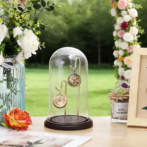 JUXYES Clear Glass Pocket Watch Display Dome Case with Base, 4x8 Inches | Clear Glass, Dust Proof, Bell Terrarium Jar with 2 Golden Hanging Hook, For Pocket Watch Collectors and Antique Enthusiasts - color: Gold/Dark Red