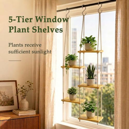 Window Plant Shelves, 5-Tier Window Shelf for Plants, Hanging Plant Shelf for Windows, Painted Wood Window Sill Shelf for Plants, Macrame Plant Hanger, Boho Decor for Living Room Bedroom Wall