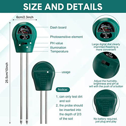 Sherr 4 Pieces Plant Moisture Meter 3 in 1 Soil Moisture Meter for House Plants pH Tester Moisture Monitor for Gardening Indoor Outdoor Lawn Patio Farm Plants, No Battery Required