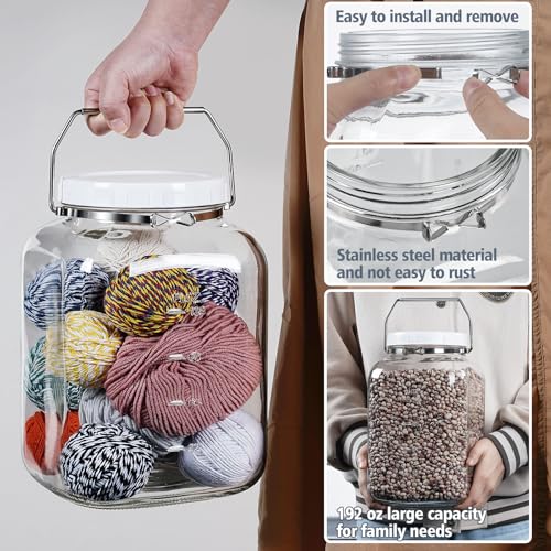 1.5 Gallon/5700 ML Glass Jar with Lid, Wide Mouth, Large Mason Jar, 2 Pack | BPA-Free, Food Grade, Clear Glass Storage Containers with 4.3" Wide Mouth, Airtight Screw Lid, Metal Handle and Scale Mark - size: 1.5 Gallon