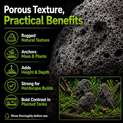 8–10 Inches Natural Black Lava Rocks, 3 PCS Large Aquarium Stones for Aquascaping, Fish Tank Centerpiece Decor, Planted Tanks, Terrariums & Reptile Habitats (Large 8–10 in) - size: Large 8–10 in