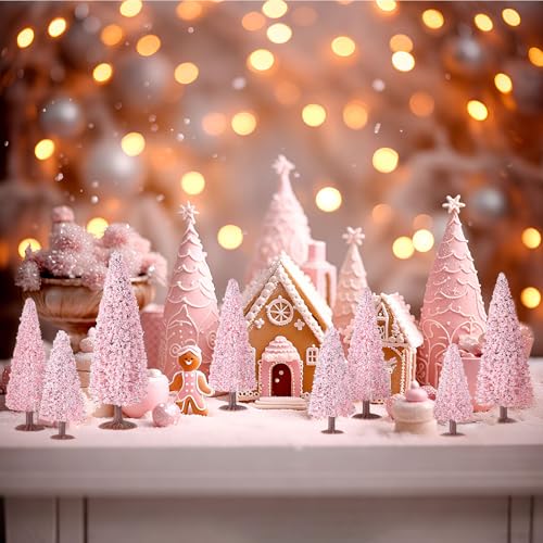 Skylety 20 Pcs Christmas Model Trees 4.72-2.17 Inch Pine Mixed Miniature Trees Small Artificial Cedar Plant for Train Scenery Architecture DIY Crafts Winter Building Model Scenery Landscape(Pink) - color: Pink