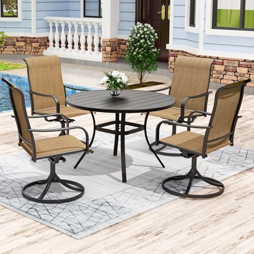 Anmutig Outdoor Dining Set for 4, 41" Round Table & 4 Swivel Chairs, Brown | Weather-Resistant Textilene, Powder-Coated Steel Frame, Umbrella Hole, Easy Assembly, Balcony, Garden, Backyard, Poolside - color: Brown, size: Table-41"*41", style: Arm Style1