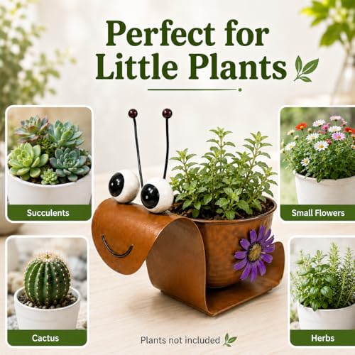 Snail Metal Planter, Cute Animal Iron Plant Pot for Succulents, Cactus & Small Flowers, Whimsical Indoor Outdoor Garden Decor for Desk, Patio, Balcony, Gift for Plant Lovers