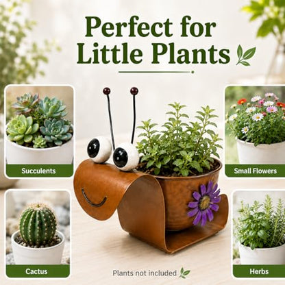 Snail Metal Planter, Cute Animal Iron Plant Pot for Succulents, Cactus & Small Flowers, Whimsical Indoor Outdoor Garden Decor for Desk, Patio, Balcony, Gift for Plant Lovers