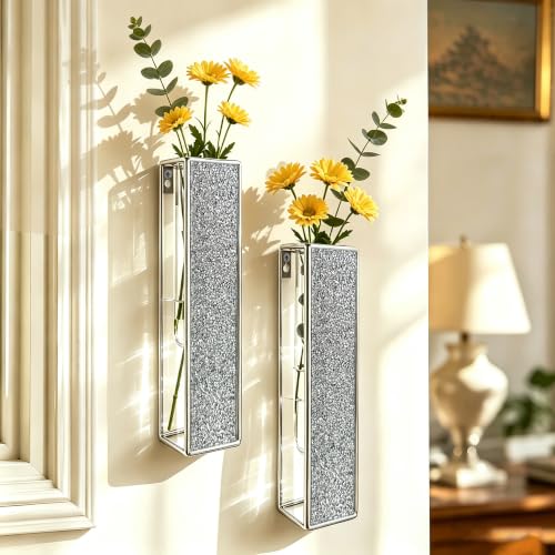 2 Pack Nordic Wall Vase Hanging Geometric Gold Flower Vase Wall Mount Metal Frame Vases Hydroponic Glass Tube Vase Decor for Home Wedding Farmhouse - color: Sliver-crys Silver