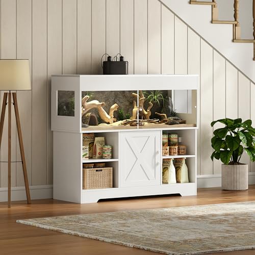 Herture 60 Gallon Reptile Tank with Stand,Reptile Enclosure with Cabinet | Snake Enclosure with Outlets,Sliding Door,Reptile Terrarium Tank Bearded Dragon Tank for Lizards,Geckos White PX02RTW - color: White, size: 60 Gallon