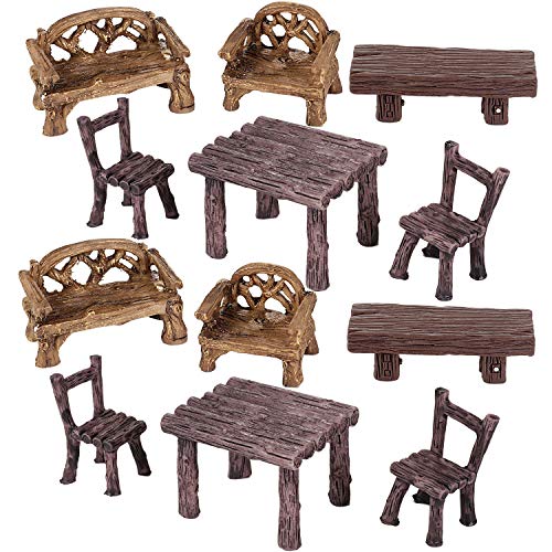 Skylety 12 Pieces Garden Furniture Ornaments Miniature Table and Chairs Set Village Micro Resin Bench Chair for Fairy Garden Accessories Home Micro Landscape Decor(Vintage Style) - style: Vintage Style