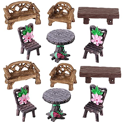 Skylety 12 Pieces Garden Furniture Ornaments Miniature Table and Chairs Set Village Micro Resin Bench Chair for Fairy Garden Accessories Home Micro Landscape Decor(Cute Style) - style: Cute Style