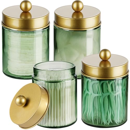 Amolliar Green Glass Apothecary Jar, Qtip Holder Bathroom Decor Gold 4 Pack | Bathroom Canister With Metal Lid, Q Tip Bathroom Accessories Set for Cotton Balls, Swabs, Pads, Floss Pick, Storage Organizer - color: Green-Gold Lid