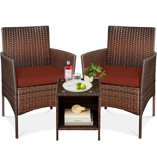 Best Choice Products 3-Piece Outdoor Wicker Conversation Bistro Set, Space Saving Patio Furniture for Garden w/Side Table - Brown/Dark Rust - color: Brown/Dark Rust