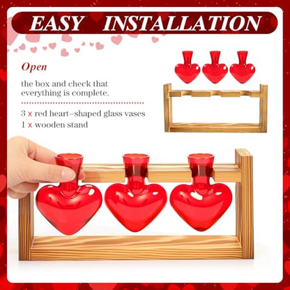 Remerry Red Heart Plant Terrarium with Wooden Stand 3 Heart Glass Vases Planter, Tabletop Propagation Hydroponics Station, Mother's Day Plant Lovers Gift - color: Red, size: 3 Heart Vases, style: Red Heart