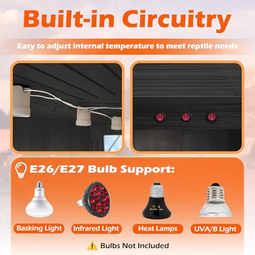 ROYXEN Reptile Tank, 81 Gallons Reptile Enclosure with Lockable Design, Tempered Glass Bearded Dragon Tank for Lizard Habitat, Soild Wood Built-in Sockets (Black, 48"x20"x19.5") - color: Black, size: 48"x20"x19.5"