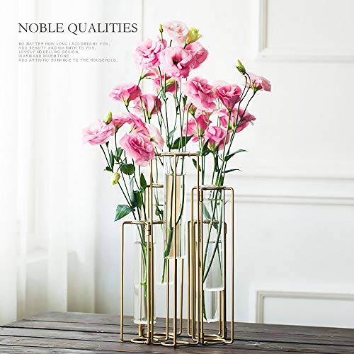 Hinged Flower Vases Test Tube Flower Vase with 5 Test Tubes Gold Metal Frame can be Bent and Contorted, Propagation Station Plant Holder Tubos De Ensayo for Home Wedding Decor, Balcony