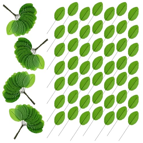 200 Pcs Green Leaves for Crafts, Silk Leaf Artificial Fabric Leaves Bulk, Faux Wired Single Rose Leaf Corsage Bouquet Wreaths Garlands Christmas Decorations