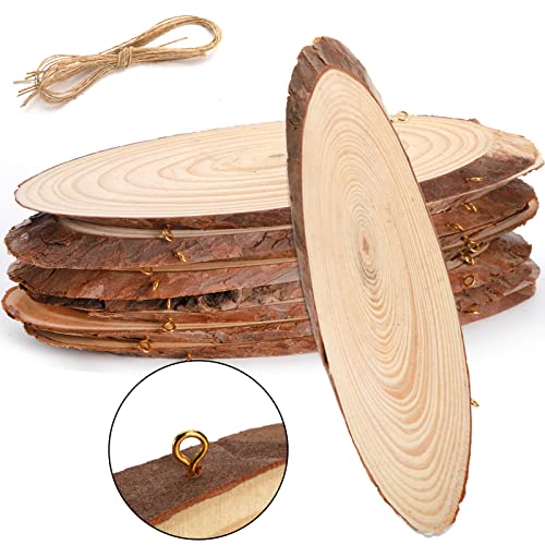 DEAYOU 8 Pack Natural Wood Slices, Unfinished Wood Crafts with Bark, Tree Slice Wooden Sign with Small Eye Ring, Wood Slab Plaque Plank for Centerpiece, DIY, Painting, Ornament, 9-11"L x 3-4"W, Oval