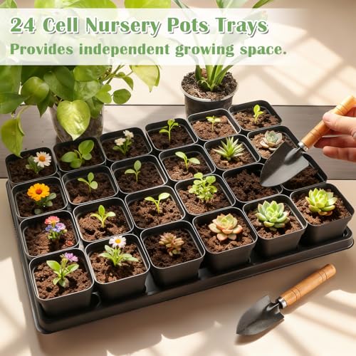24 Cell Nursery Pots Trays 5 Pack (17"x11"x1.6"), Reusable Plant Pot Tray for Holding 2.8 inch (7CM) Square Nursery Pots, Durable Plastic Carrying Seed Starter Tray with Drain Holes (Black) - color: Black, size: 24 Cell Trays-5 Pack