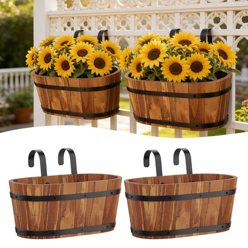 Railing Planters for Outdoor Plants Balcony Hanging Flower Pots with Detachable Hooks, Window Flower Box Hanging Bucket Pots Fence Planters for Garden Home Decor (Brown-2pack, Large) - color: Brown-2pack, size: Large