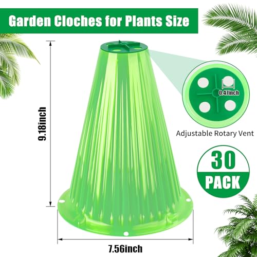 UQM 30 Pack Garden Cloches for Plants with Rotary Vent Cover Reusable | Bell Plant Protector Garden Protection from Animals Snails Birds Chickens Insect, 9.18" H X7.56 D (Green) - color: Green-30pc