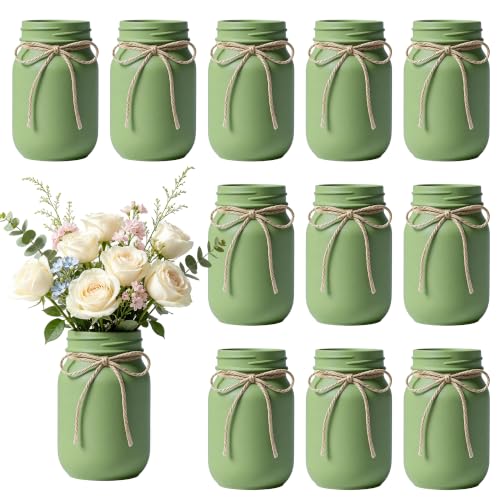12 PCS 16oz Glass Mason Jars Flower Vases for Centerpieces, Green - color: Green