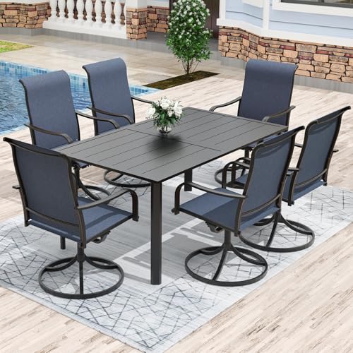 Anmutig 7-Piece Outdoor Patio Set, Large Dining Table & Blue Swivel Chairs | Powder-Coated Steel Frame, Weather-Resistant Textilene, Rust Resistant, Adjustable Umbrella Hole, Adjustable Feet, Outdoor - color: Blue, size: Table-63"*38"*29", style: Arm Styl