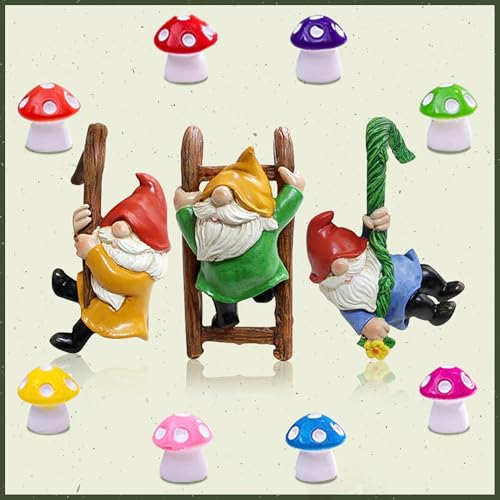 3Pcs Climbing Gnomes with 8Pcs Mini Mushrooms for Plant Pot Decor - Resin Dwarf Little Mushroom Statue Fairy Garden Resin Crafts Yard Flower Pot Decor for Bonsai Micro Landscape Craft