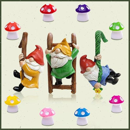 3Pcs Climbing Gnomes with 8Pcs Mini Mushrooms for Plant Pot Decor - Resin Dwarf Little Mushroom Statue Fairy Garden Resin Crafts Yard Flower Pot Decor for Bonsai Micro Landscape Craft