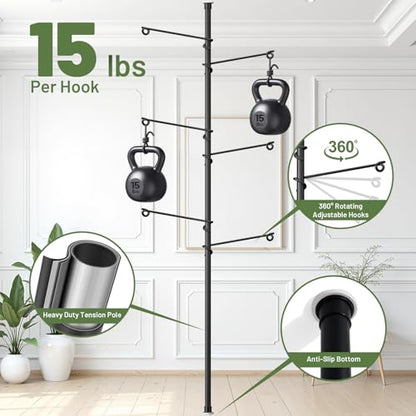 Tension Rod Plant Stand, Plant Poles for Hanging Plants Indoor, Metal Floor to Ceiling Hanging Plants Stand, Tension Pole Plant Stand with 6 Hooks (Fit 3.6-10ft) - size: 6-Hangers