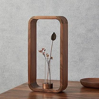 Transprent Glass Vase Test Tube Hydrophilic Plants Holder Walnut Wooden Frame Flower Stand Table Garden Bonsai Decor,Gifts for Women, Home Office Decor Planter (Big) - size: Large