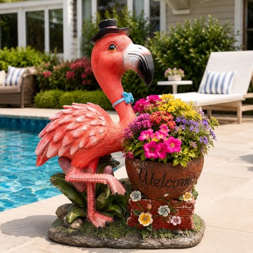 Flamingo Planter, Outdoor Welcome Sign Animal Flower Pot, Large Standing Bird Statue Yard Art Decor for Garden Patio and Front Porch - Top Hat - color: Animal Orange