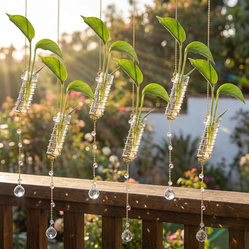 6Pcs Hanging Propagation Station with Crystal Ball Prisms Plant Suncatcher - color: Golden