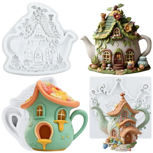 Teapot House Silicone Mold Fairy House Fondant Molds Set of 3 - color: Style F