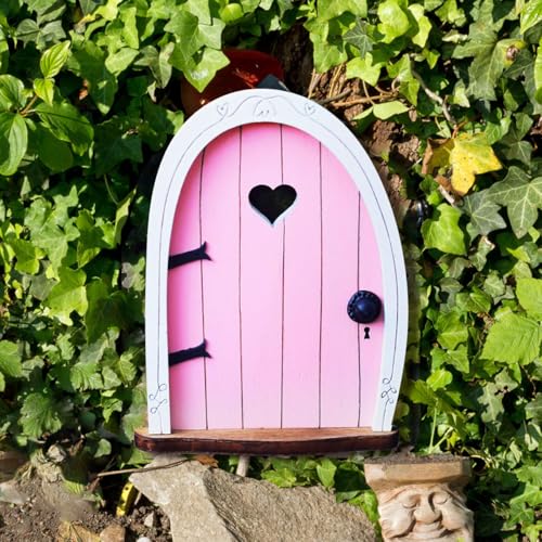 Fairy Garden Door Accessories for Trees Miniature Fairy Doors Wall Wooden Door Ornaments Art Sculpture Decoration DIY Fairies Door Indoor/Outdoor Mystical Door for Tree Trunk(Pink) - color: Pink