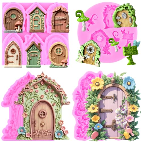 Mujiang Fairy Garden Door Silicone Molds Fairy House Fondant Mold Set Of 4 | Flower Door Chocolate Mold Fairy Tale Theme Birthday Party Cake Decorating Cupcake Topper Candy Polymer Clay Gum Paste