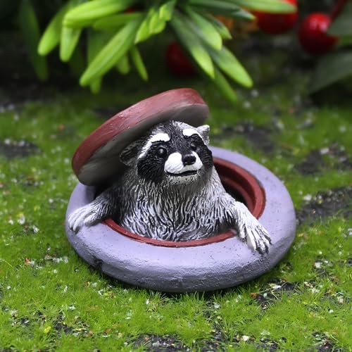 Miniature Raccoon Garden Statue, Manhole Cover Design, Outdoor Fairy Garden Decor, Cute Plant Pot Decorations,Tiny Raccoon Fairy Garden Accessories - style: Raccoon Manhole Cover
