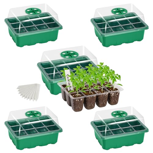 5-Pack Seed Starter Trays, Humidity Dome, Base, 12-Cell Tray, Green | Adjustable Vents Control Humidity & Temperature, Clear Trays Monitor Roots Without Disturbing Seedlings, Ideal for Indoor Use - color: Green, size: 5 Packs