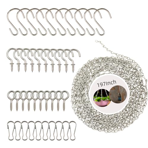 YINGFENG 197 Inch DIY Silver Hanging Basket Chains, Adjustable Length, Decorative Metal Chain with Hooks for Hanging Bird Feeders, Planters, Ornaments - color: Silver, size: 197 in
