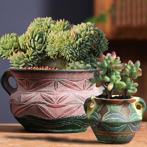 Ceramic Succulent Pot with Drainage Hole, Bohemia Rustic Decorative Planter, Set of 2, Indoor Outdoor - size: 2 Colorful Pots-01