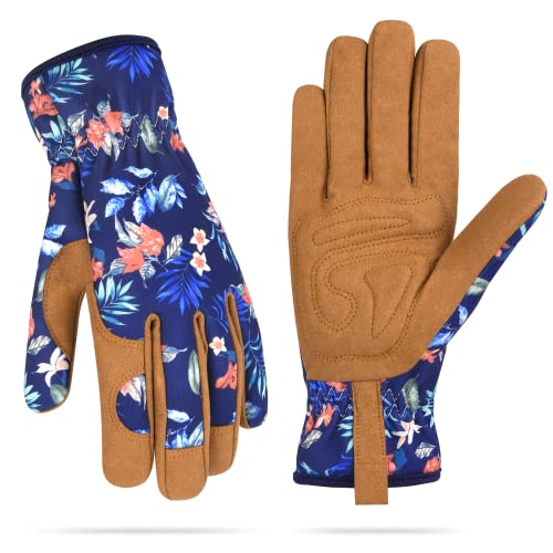 Womens Gardening Weeding Working Gloves, Leather Garden Glove for Women Thorn Proof No Stab for Digging, Planting,Pruning - color: Army Blue-large