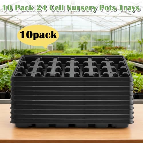 RooTrimmer 24 Cell Nursery Pots Trays 10 Pack (17"x11"x1.6"), Reusable Plastic Plant Pot Tray with Drain Holes, Carrying Seed Starter Tray for Holding 2.8 inch (7CM) Square Nursery Pots (Black) - color: Black, size: 24 Cell Trays-10 Pack