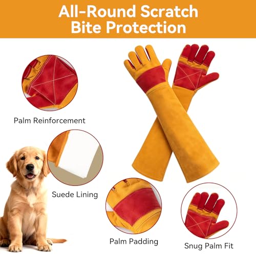 Animal Handling Gloves – Bite-Proof, Multi-purpose, Pet Leather Gloves with Padding - color: Yellow, size: 17.7