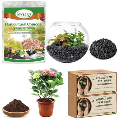2 QT Horticultural Charcoal & 4 Pack Organic Coco Coir Bricks- Soil Amendment Plant Potting Mix, Ideal for Orchids, Succulents, Terrariums, Indoor & Outdoor Gardening