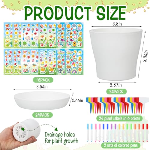 CIEOVO Garden Flower Pot Craft Kit, 24 Paintable Durable Resin Garden Pot with Tray Drainage Holes Adhesive Stickers and Plant Labels, Flower Plant Craft for Classroom Home DIY Flower Planting - color: White