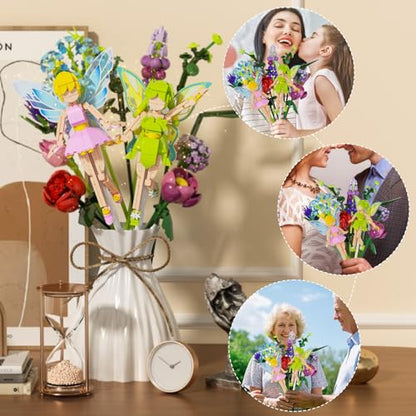 Flower Fairy Building Kit,2Pack Figure Bouquet Building Kit, for Home Decor, Christmas, and Birthday Gifts for Girls Age 8-12(Pink and Green