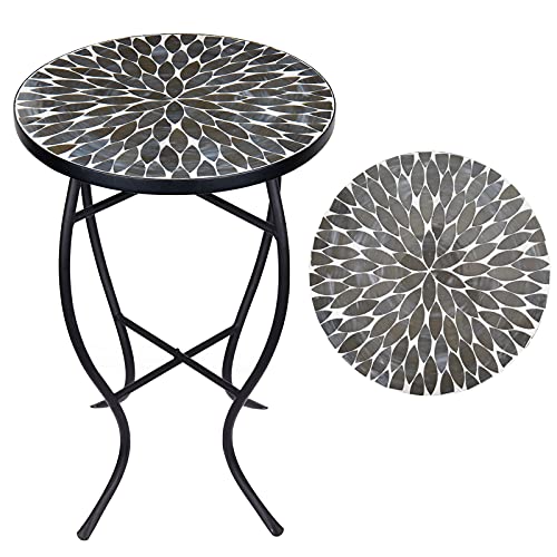Vipush Outdoor Side Table,Mosaic Patio Accent Table Round Coffee Table,14" | Small End Table With Ceramic Mosaic Tile Top, Waterproof & Rust-Resistant Metal Frame For Garden, Backyard, Balcony - color: Grey