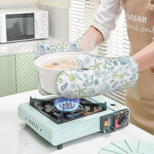 Starfish Oven Mitts and Ocean Themes Pot Holders for Heat Resistant Shells Clams Silicone Oven Mittens and Potholders Gloves Hot Pads for Kitchen Cooking Baking Grilling BBQ - color: Blue White