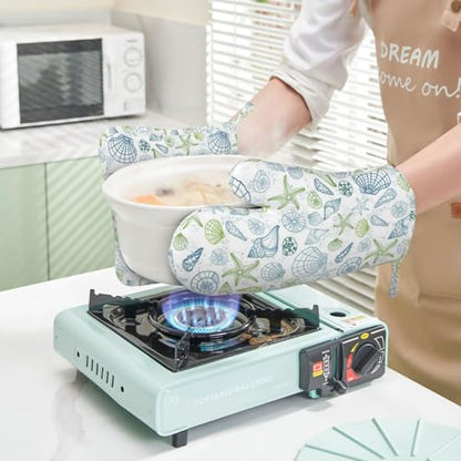 Starfish Oven Mitts and Ocean Themes Pot Holders for Heat Resistant Shells Clams Silicone Oven Mittens and Potholders Gloves Hot Pads for Kitchen Cooking Baking Grilling BBQ - color: Blue White