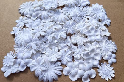100 Pcs Handmade Mulberry Paper Flowers 3 mm - 1.5 Inch Scrapbooking Wedding DIY Craft Supplies Card. (Mixed White Flowers) - color: Lavender Tone