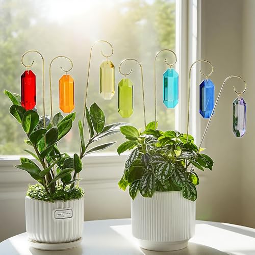 7 Pack Small Trellis Golden Plant Stake with Colorful Sun Catcher for Potted Plants Indoor Outdoor Garden Decor
